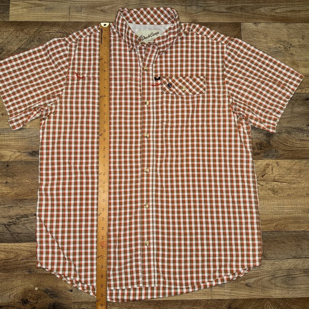 Duck Camp Shirt Mens XL Short Sleeve Button Vented Fishing Orange White Striped